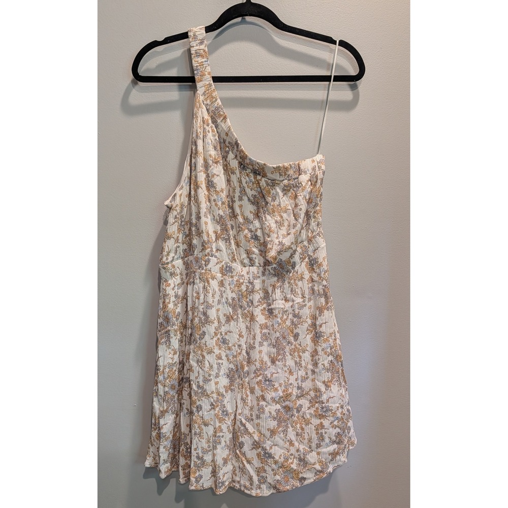 Abercrombie & Fitch One Shoulder Floral Dress LP Petite Blue Tan Crinkle